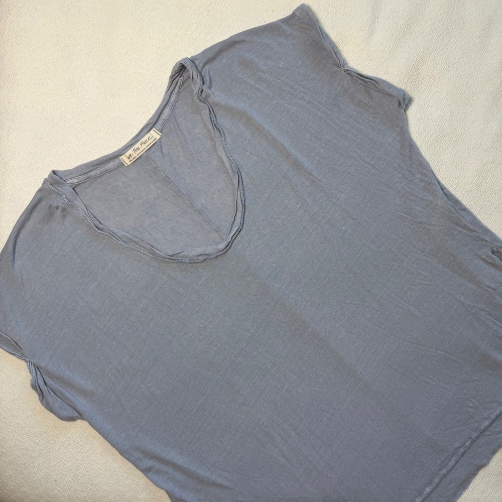 We The Free Free People Blue Linen Blend Scoop Neck Tee OB1086519 XS